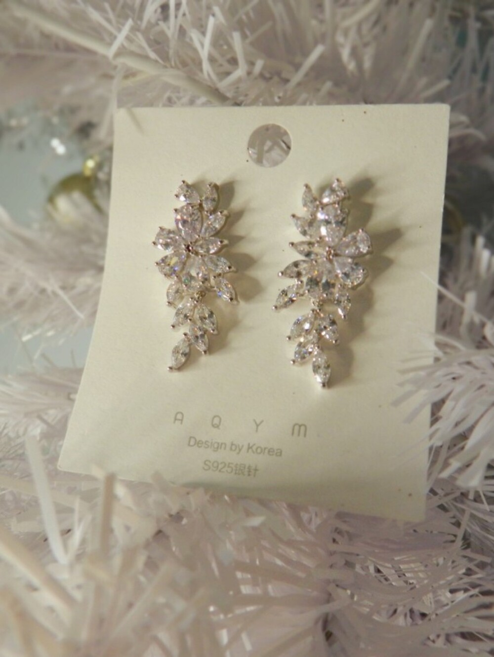 Crystal Leaf Drop Earrings - Gold-tone with Clear Stones